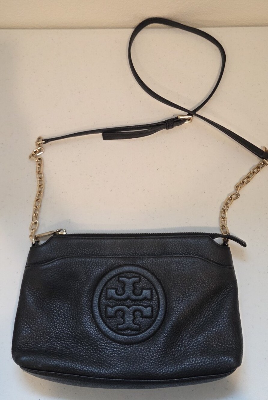 Tory Burch Black Pebbled Leather Logo Crossbody Bag